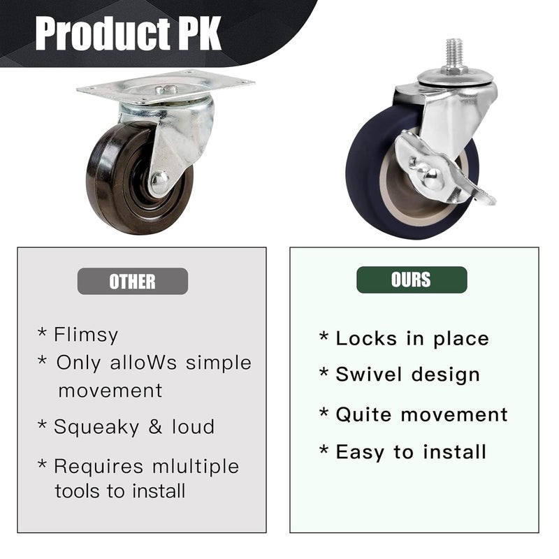 BAISASY Caster Wheels, 3 Inch Stem Casters Set of 4, Heavy Duty Swivel Wheel with Brake, Metric Size M10-1.5-15 (Screw Diameter 10mm, Screw Length 15mm) Casters for Workbench Trolley, Furniture Dolly - Image 3